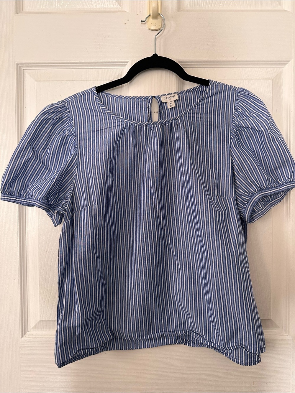 J. Crew Blue and White Striped Puff Sleeve Cotton Blouse